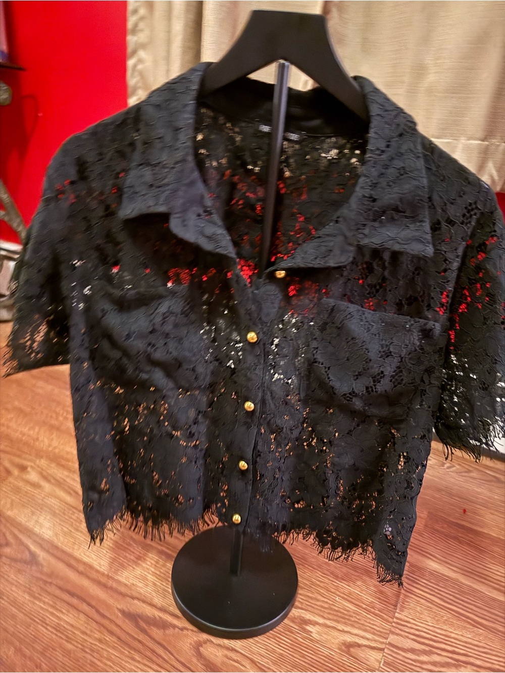 Rodeo and Robertson Black Lace Cropped Button-Up Shirt with Gold Buttons